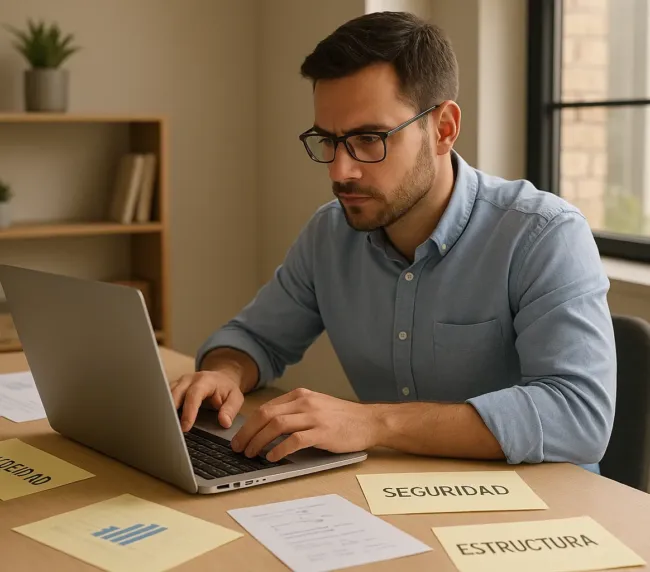 Persona revisando métricas de rendimiento y seguridad web en un portátil