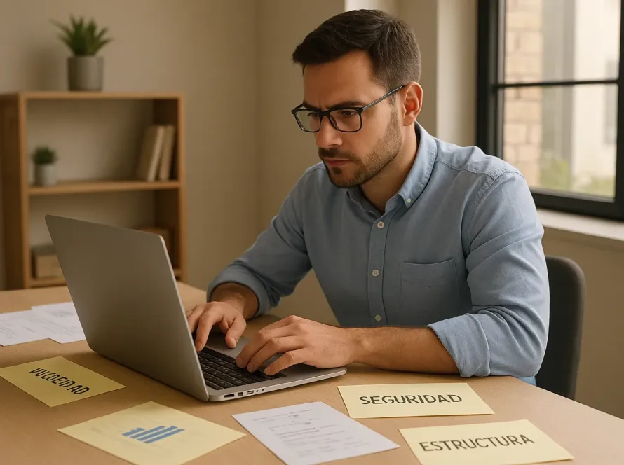 Persona revisando métricas de rendimiento y seguridad web en un portátil