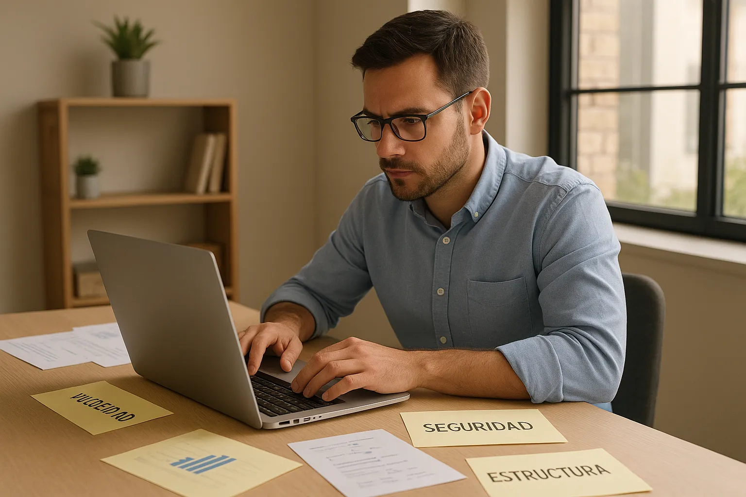 Persona revisando métricas de rendimiento y seguridad web en un portátil