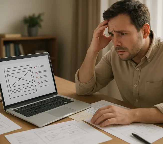 Persona empresaria revisando un esquema de sitio web con errores señalados en la pantalla