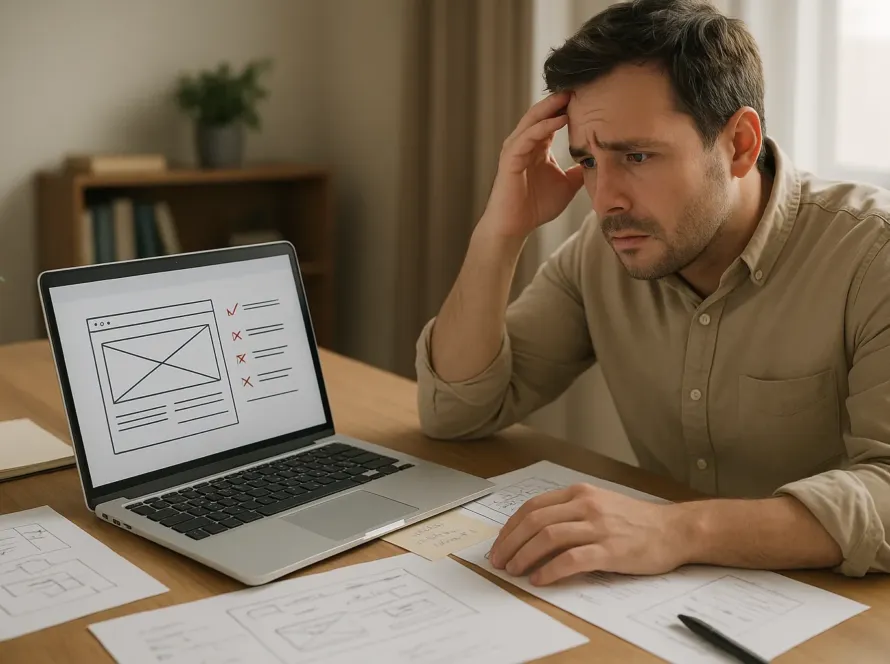 Persona empresaria revisando un esquema de sitio web con errores señalados en la pantalla