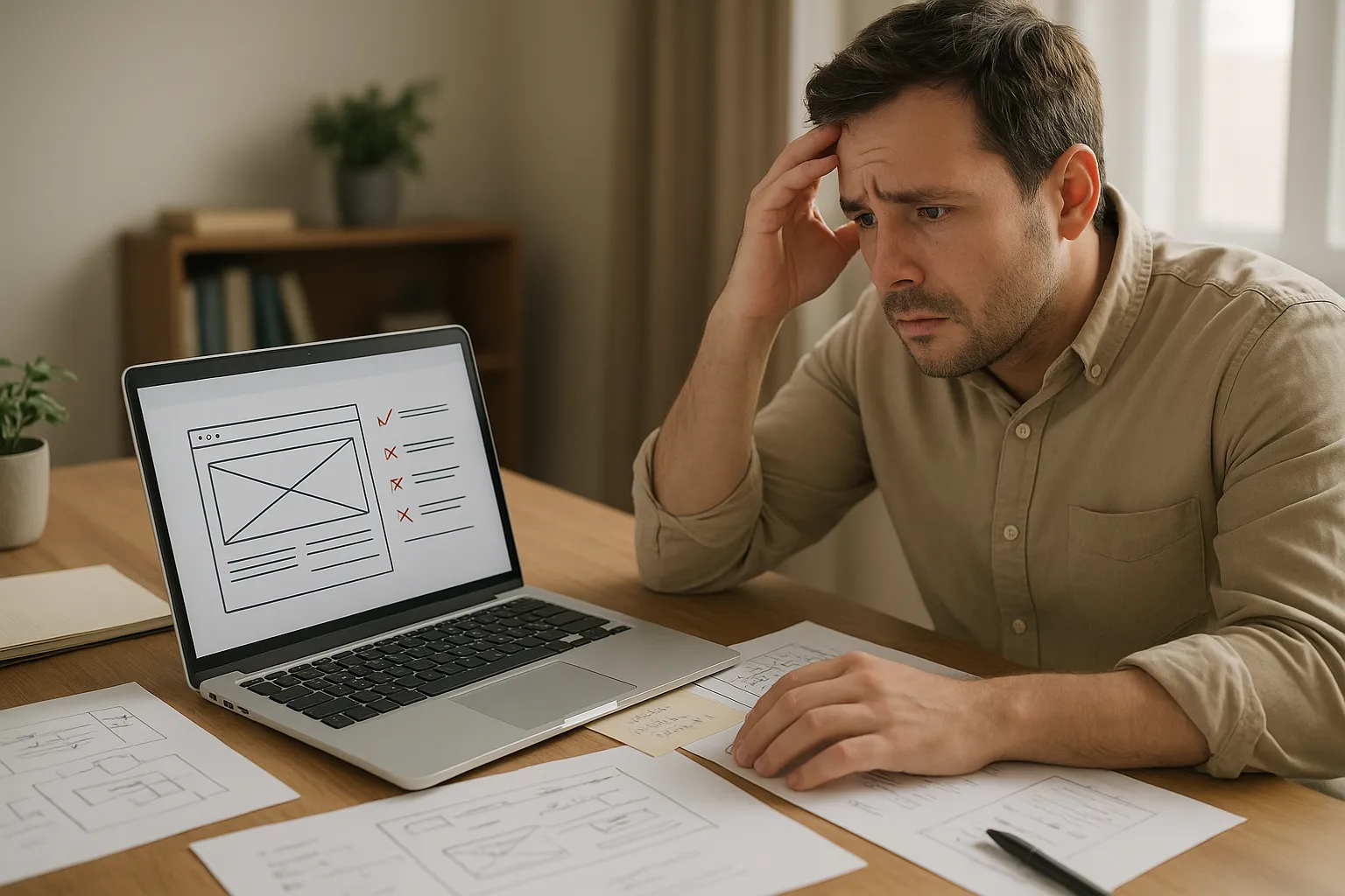 Persona empresaria revisando un esquema de sitio web con errores señalados en la pantalla
