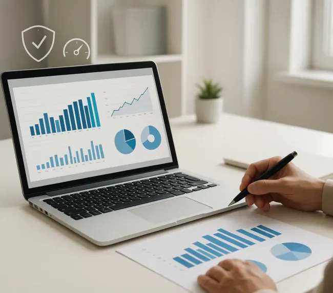 Mesa de trabajo con portátil mostrando panel de mantenimiento web y gráficos de velocidad
