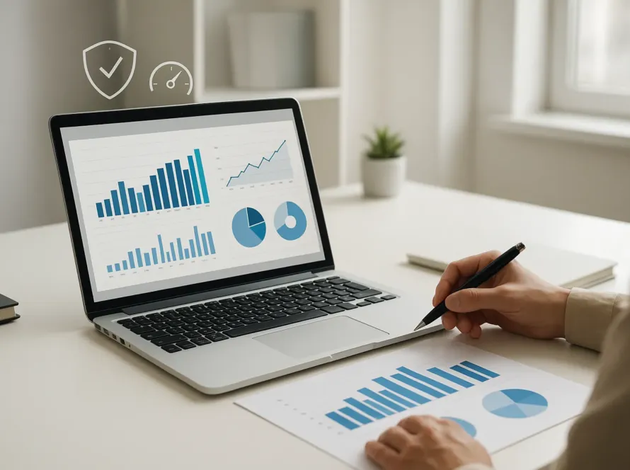 Mesa de trabajo con portátil mostrando panel de mantenimiento web y gráficos de velocidad