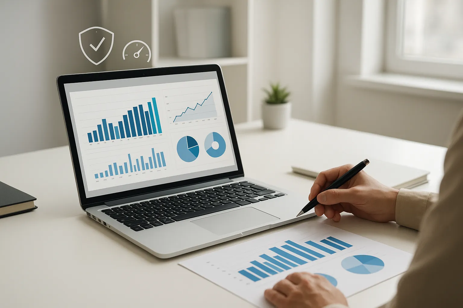 Mesa de trabajo con portátil mostrando panel de mantenimiento web y gráficos de velocidad