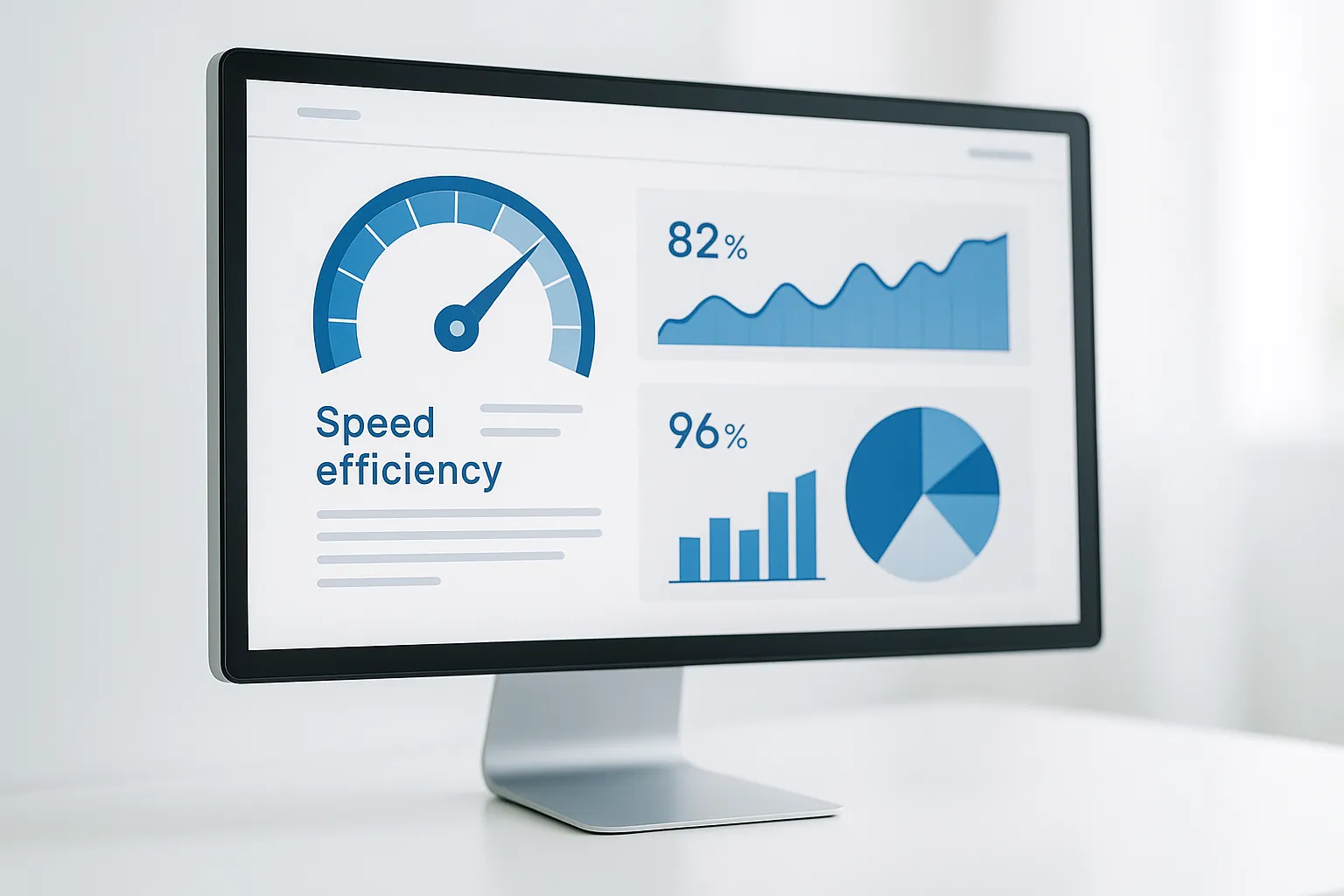 Pantalla de ordenador mostrando una web moderna optimizada con indicadores de velocidad