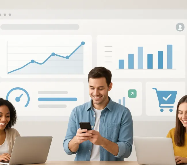 Panel de control de tienda online con gráficos de velocidad y clientes satisfechos