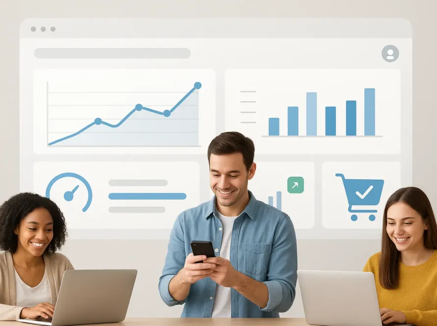 Panel de control de tienda online con gráficos de velocidad y clientes satisfechos