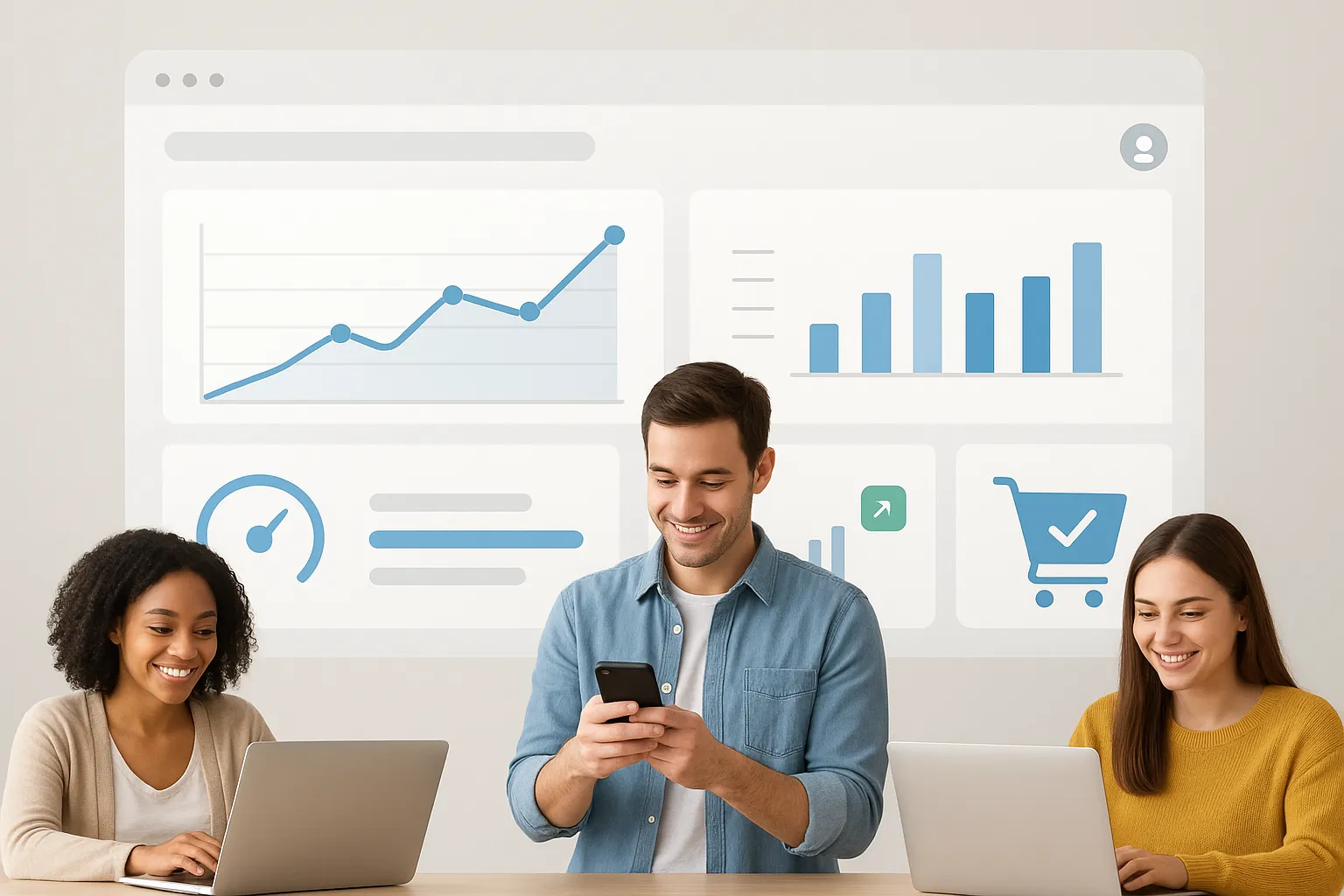 Panel de control de tienda online con gráficos de velocidad y clientes satisfechos
