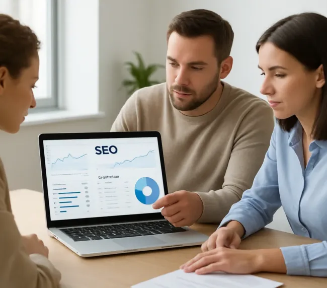 Equipo de una pequeña empresa analizando métricas de posicionamiento SEO en un portátil