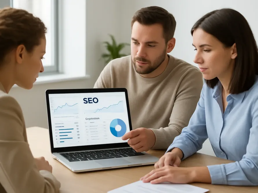 Equipo de una pequeña empresa analizando métricas de posicionamiento SEO en un portátil