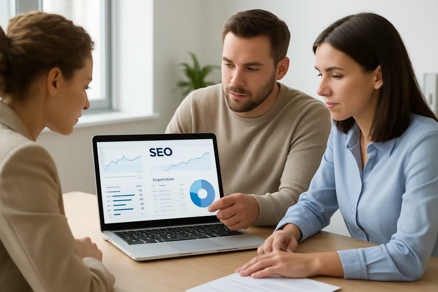 Equipo de una pequeña empresa analizando métricas de posicionamiento SEO en un portátil