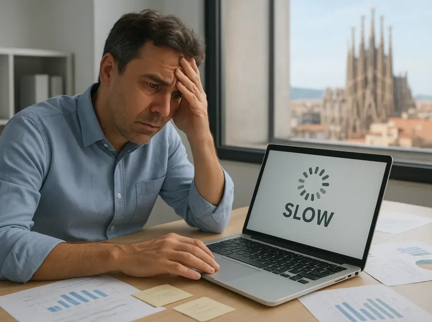 Dueño de negocio revisando en su portátil los gráficos de rendimiento de su web lenta