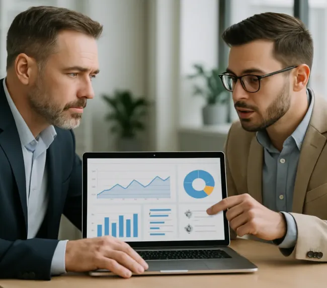 Consultor revisando informe de auditoría SEO en portátil con gráficos claros