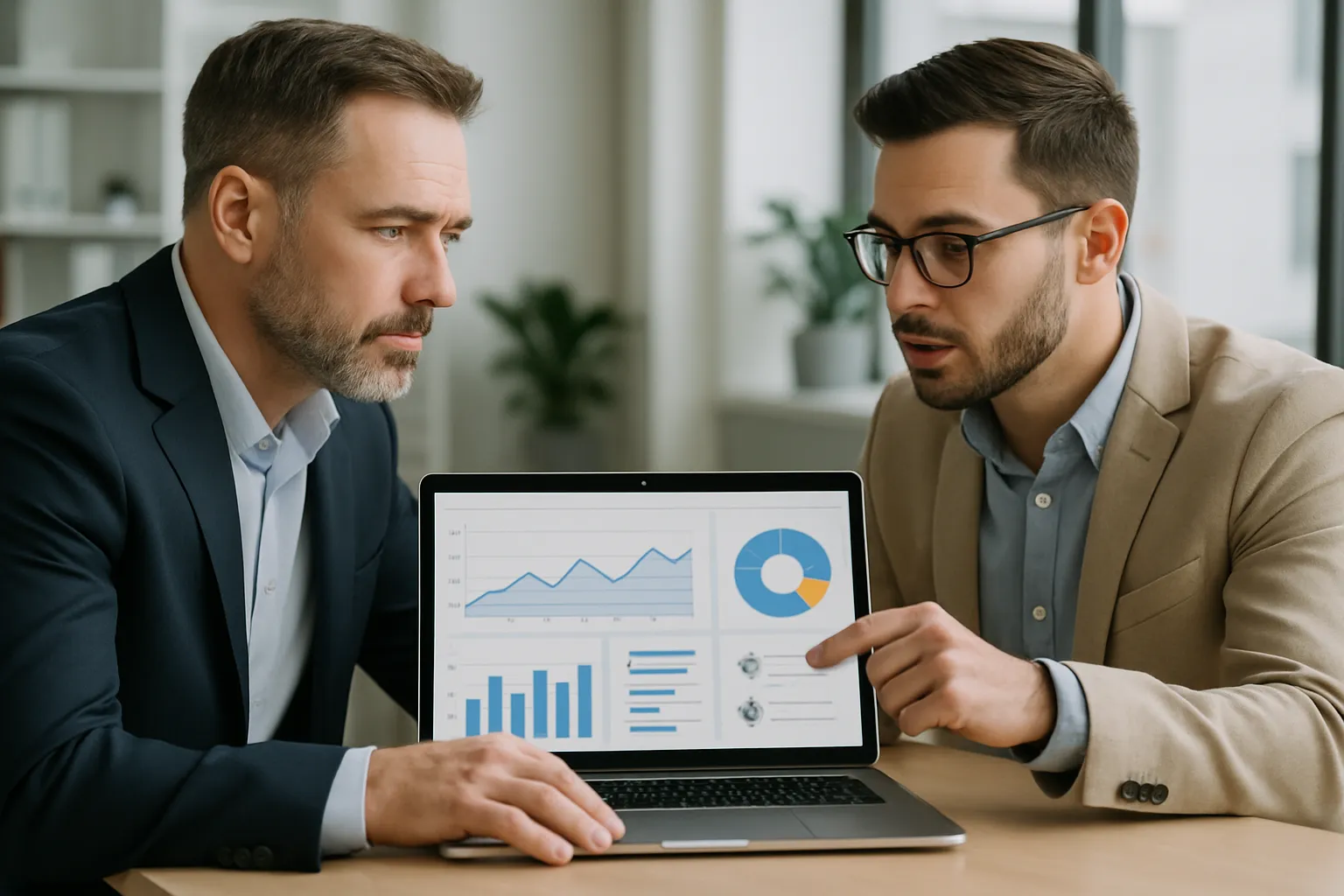 Consultor revisando informe de auditoría SEO en portátil con gráficos claros