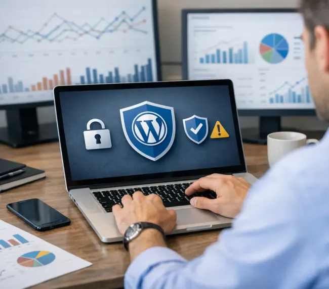 Pantalla de ordenador con panel de seguridad WordPress mostrando protección activa