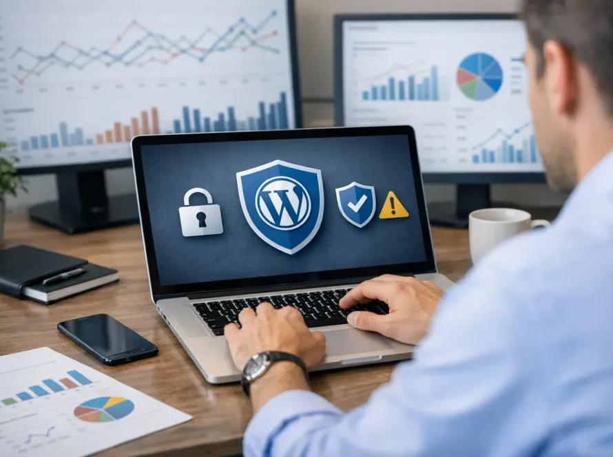 Pantalla de ordenador con panel de seguridad WordPress mostrando protección activa