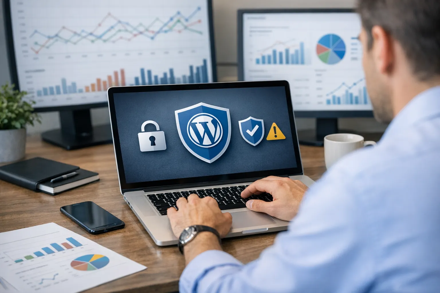 Pantalla de ordenador con panel de seguridad WordPress mostrando protección activa
