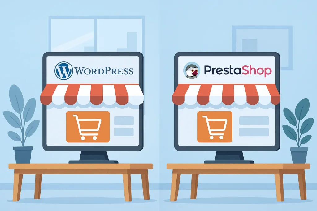 Interfaz de administración de WordPress y PrestaShop en pantallas diferentes