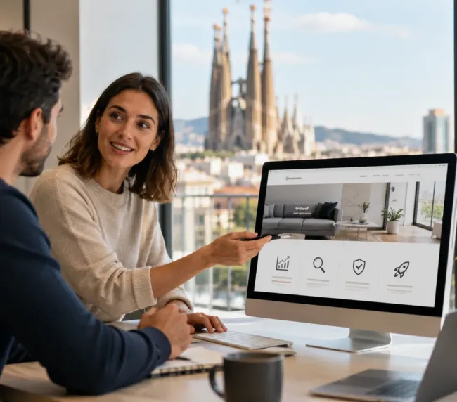 Reunión entre una pequeña empresa y una agencia de diseño web en Barcelona para mejorar su web, SEO, seguridad y rendimiento.