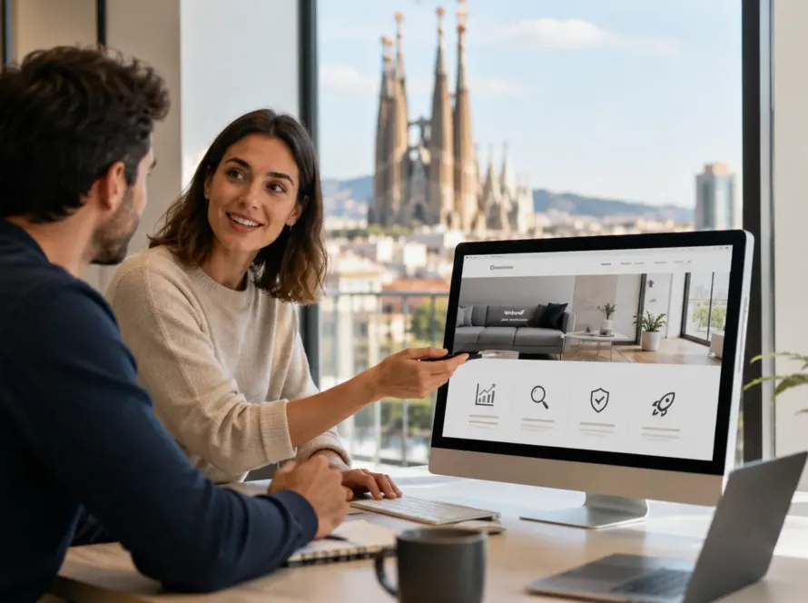 Reunión entre una pequeña empresa y una agencia de diseño web en Barcelona para mejorar su web, SEO, seguridad y rendimiento.