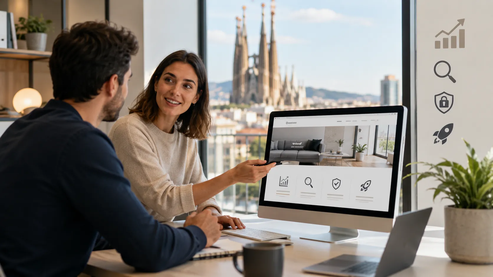 Reunión entre una pequeña empresa y una agencia de diseño web en Barcelona para mejorar su web, SEO, seguridad y rendimiento.