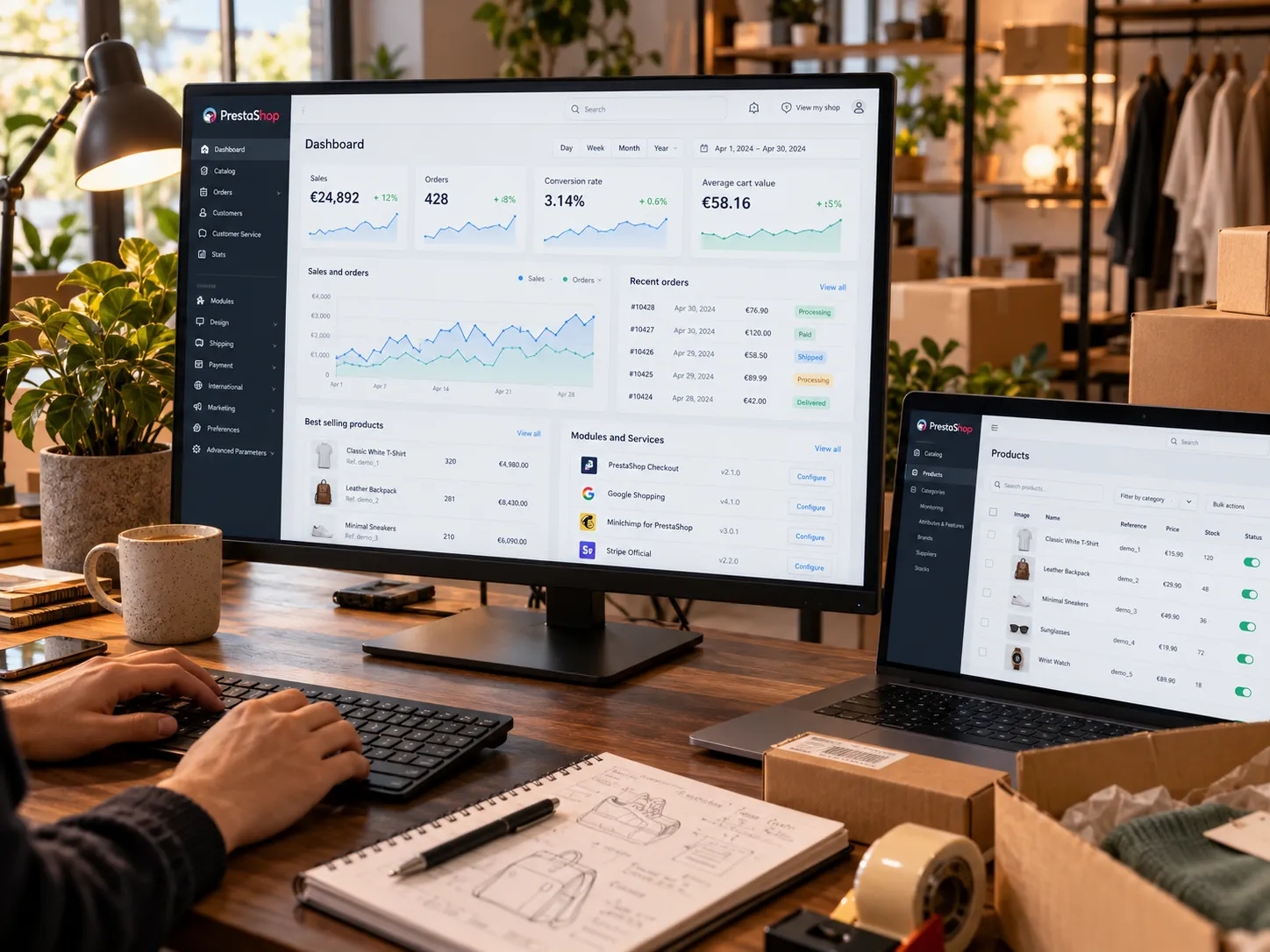 Profesional trabajando en la gestión y mantenimiento de una tienda PrestaShop