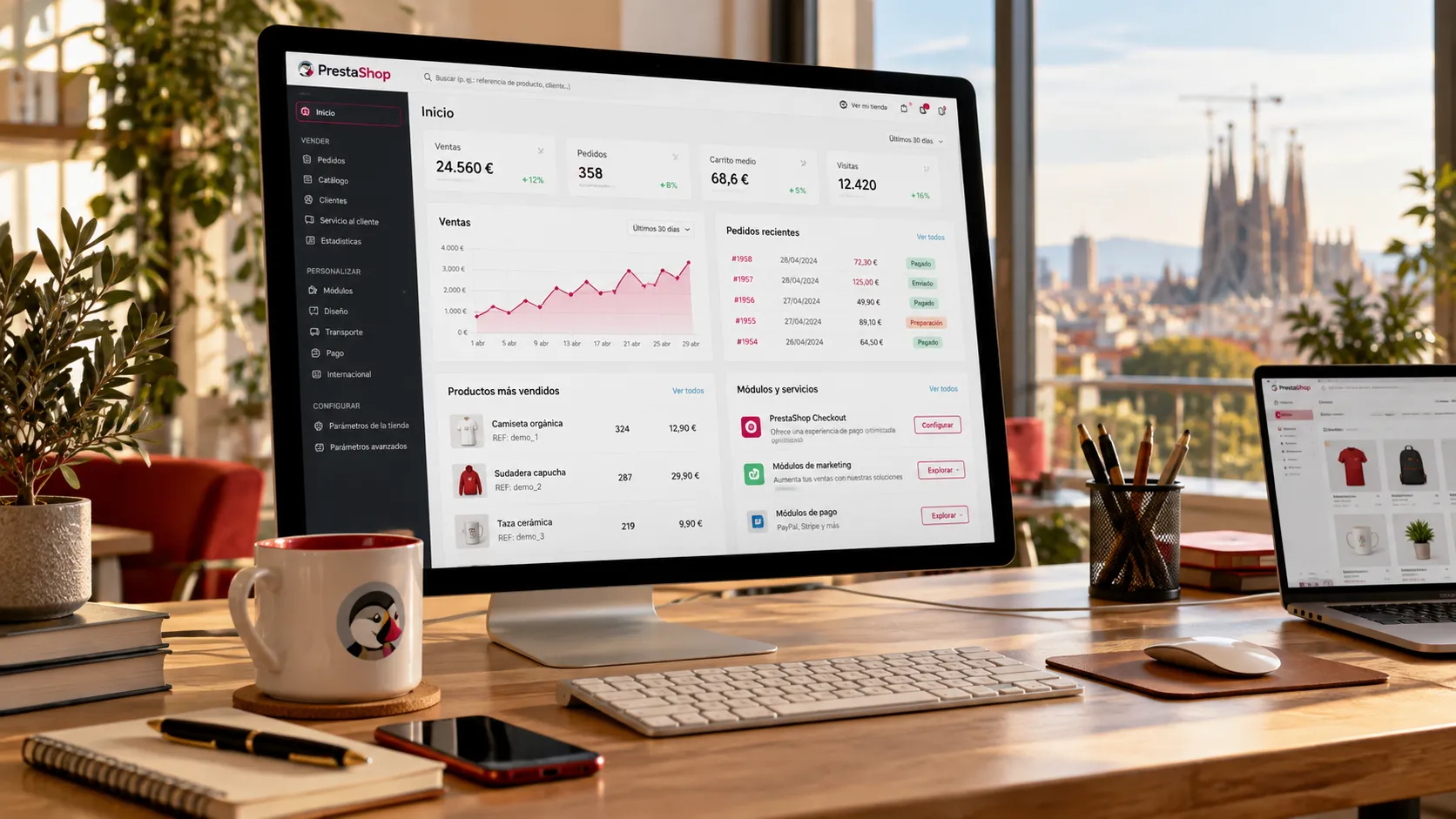 Espacio de trabajo profesional con panel de administración PrestaShop en Barcelona