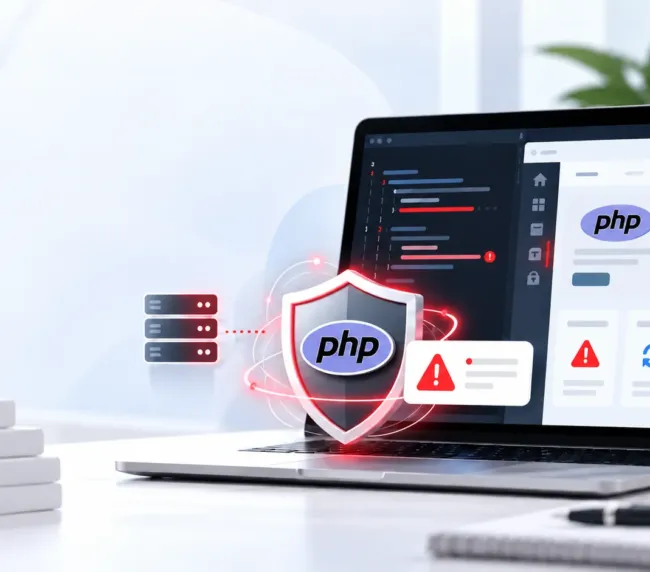 Ilustración de una alerta de seguridad PHP2Shell con el logotipo de PHP y símbolos de protección de servidores web.