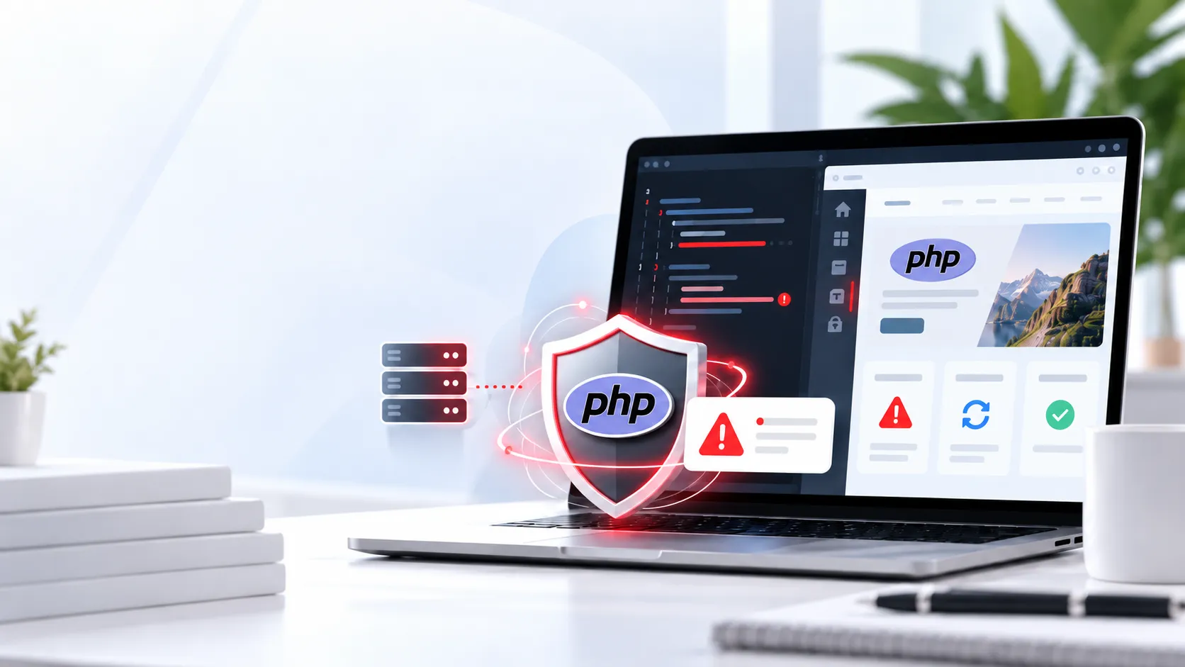 Ilustración de una alerta de seguridad PHP2Shell con el logotipo de PHP y símbolos de protección de servidores web.
